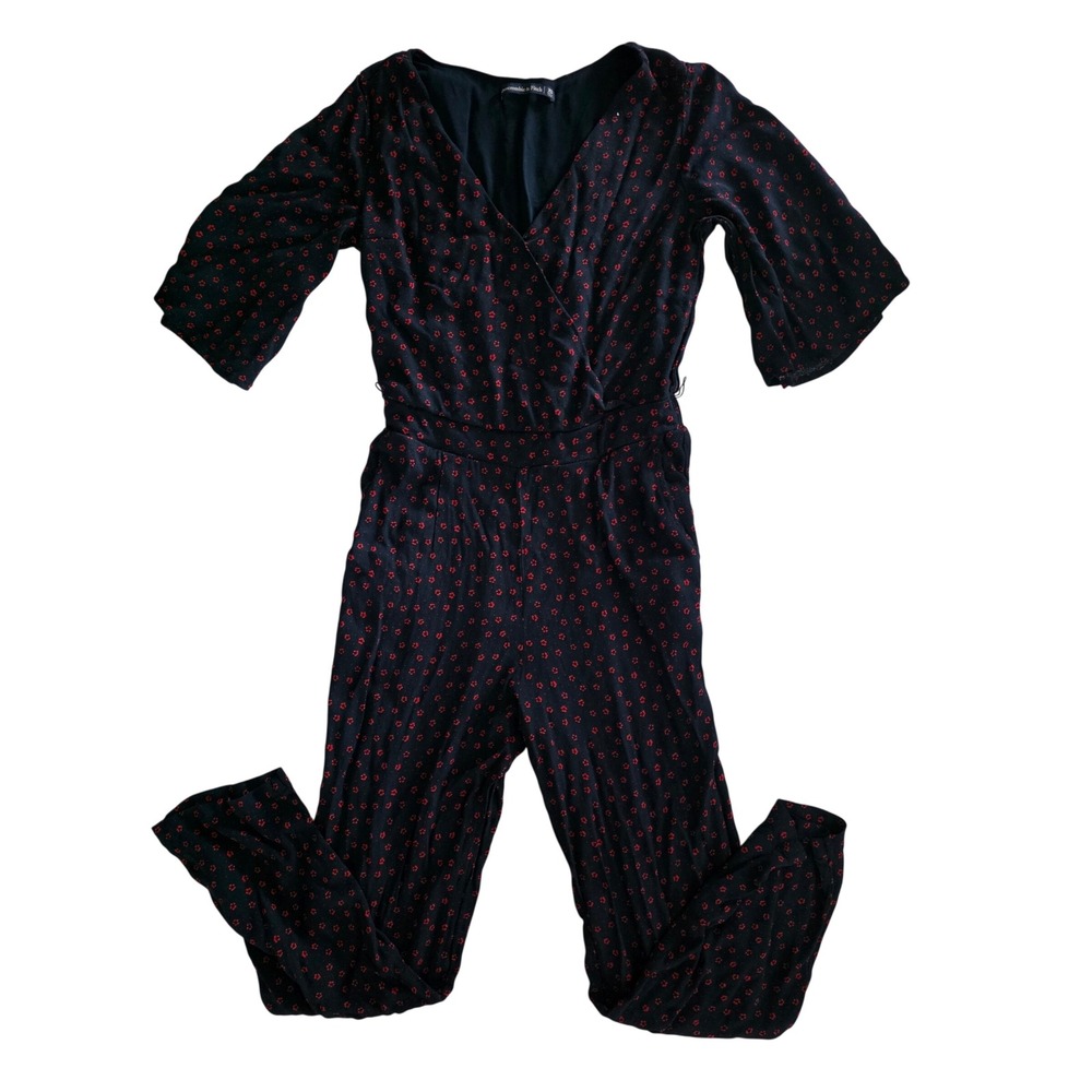 Abercrombie & Fitch XS Black Red Floral Wrap V-Neck Jumpsuit Wide Sleeve 0454
